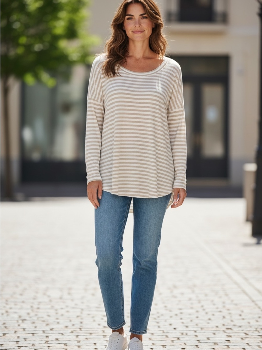 Banana Republic Womens Small Striped Long Sleeve Top Beige White Scoop Neck Tee